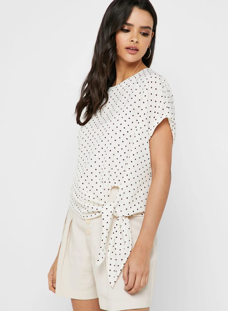 MANGO Dot Print Front Tie Top