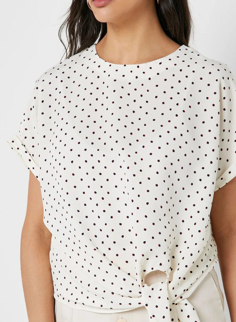 MANGO Dot Print Front Tie Top