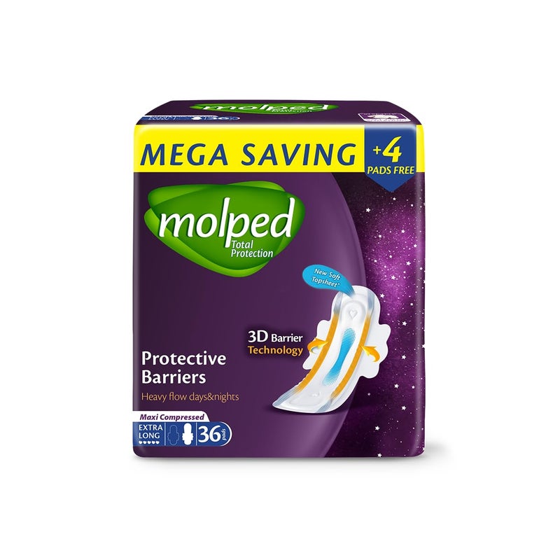 Molped Total Protection Sanitary Pad, Extra Long, Family Pack 36 Units, Cotton Material, Maxi Compressed, Unscented for Extra Heavy Flow
