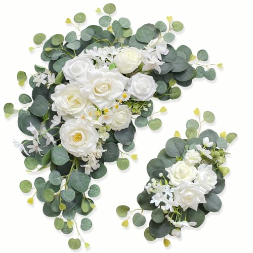 Odouzy Artificial Wedding Arch Flowers for Wedding Sign,Set of 2 for Wedding Welcome Ceremony Sign,Faux Floral Swags,Wedding, Banquet and Reception Backdrop Floral Decoration (White Champagne) - Image 1