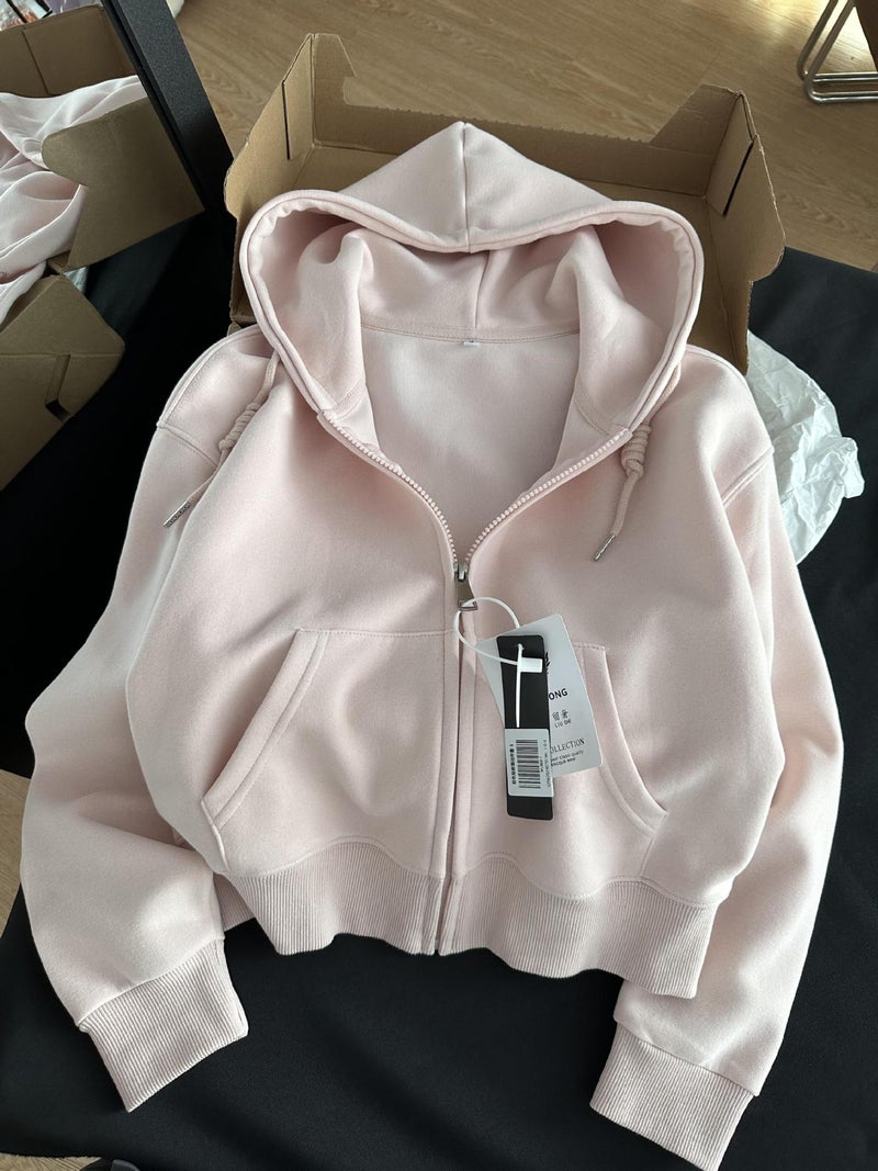 Cardigan Hooded Sweatshirt for Women 2024 New Spring and Autum Pink Popular Early Autum Top Loose Casual Short Jacket Pink pure cotton surface with silver fox velvet