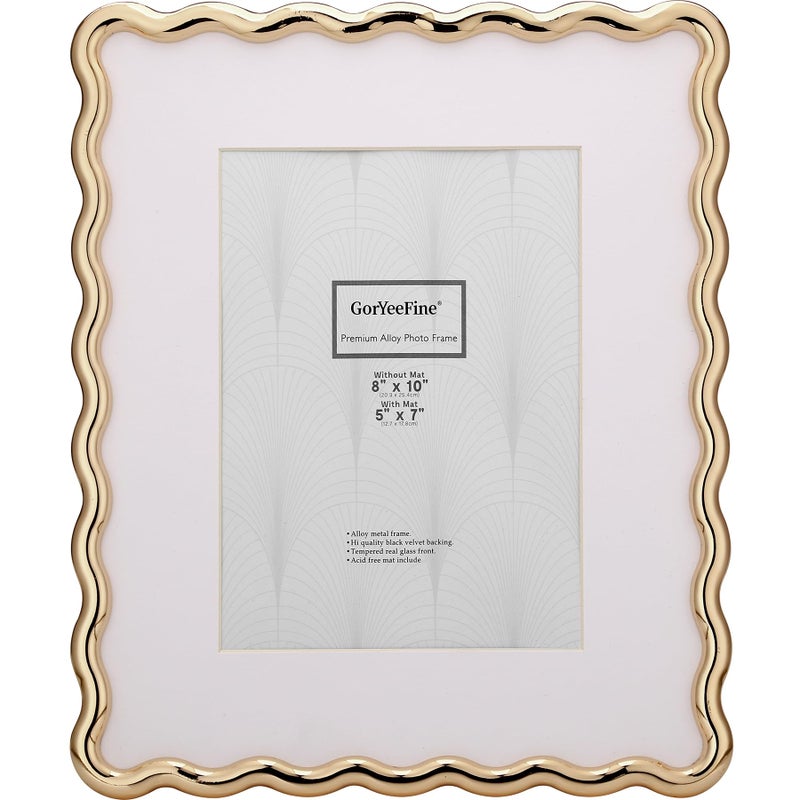 GorYeeFine 8x10'' Heavy-Duty Zinc Alloy Gold Photo Frames with Acid Free Mat for 5x7'',Wave Design Gold Picture Frame 8x10'' with Black Velvet Backing,for Desktop and Wall Hanging - Image 1