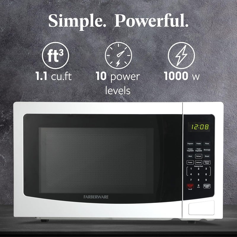 Farberware 1.1 Cu. Ft. Countertop Microwave Oven – 1000 Watts Power, Auto Cook Settings, Defrost, Easy Clean and Child Safety Lock - White - Image 2