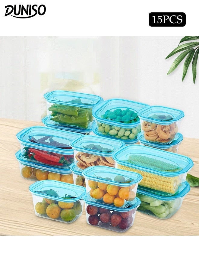 DUNISO 15Pcs Rectangle Plastic Meal Containers Sets with Lids Food Storage Containers Stackable Food Prep Containers Sets Leak Proof Microwave Freezer Safe Reusable Fridge Storage Boxes for Vegetable, Fruit, Meat, Cereal - Image 1