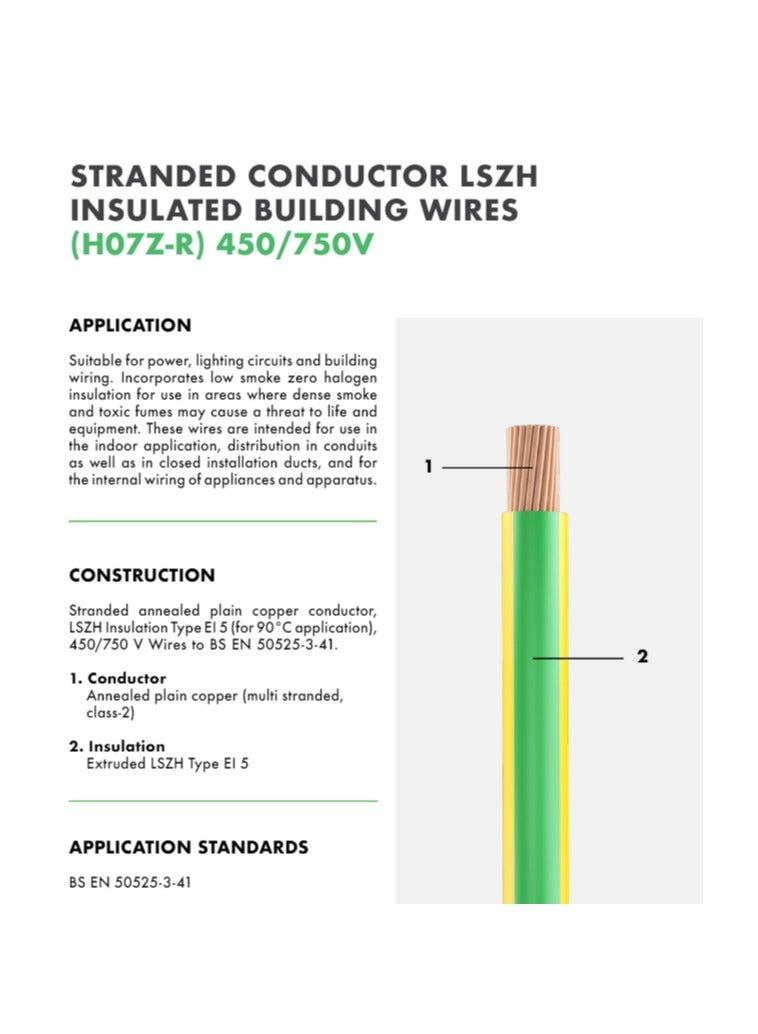 Oman Cables Single Core Copper Wire Low Smoke Zero Halogen (LSZH) Yellow / Green Color 91.44 M (100 yards) Roll - 450/750V - Image 2
