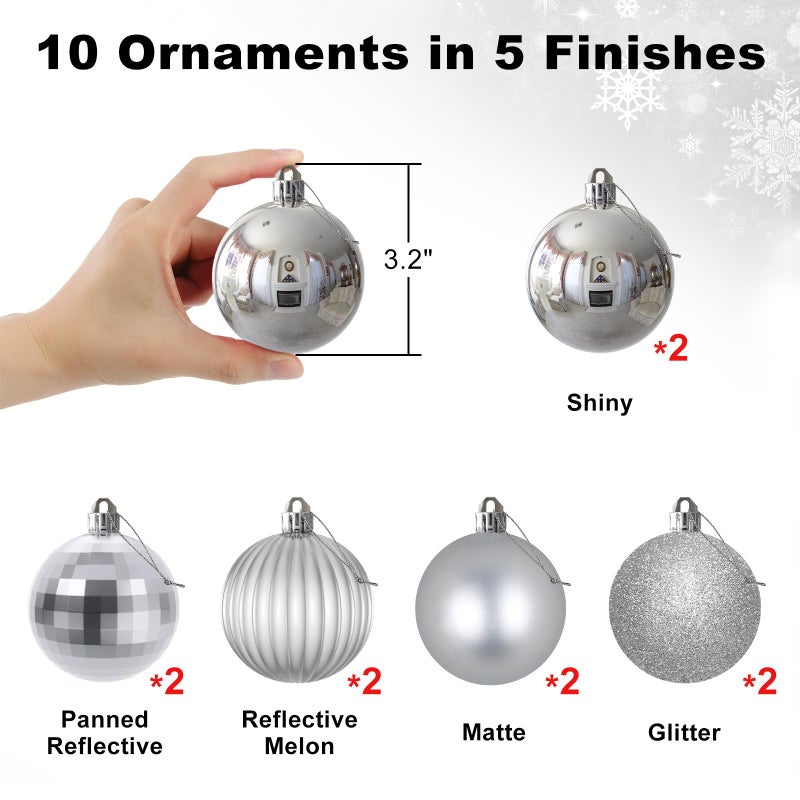 GameXcel Silver 3.2"" Large Christmas Balls - Christmas Tree Decoration Ornaments Shatterproof Hanging Balls for Birthday Halloween Holiday Wedding Decorations Set of 10pcs - Image 2