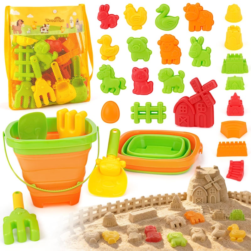 Dreamon Beach Toys for Kids Farm Sand Toys with 2 Collapsible Buckets Animal Barn Molds Shovels and Rakes Set Mesh Bag 29PCS Sand Castle Building Kit Travel Toys for Toddlers 35 - Image 3