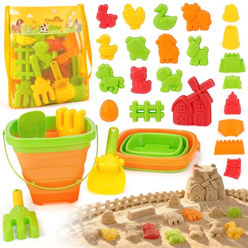 Dreamon Beach Toys for Kids Farm Sand Toys with 2 Collapsible Buckets Animal Barn Molds Shovels and Rakes Set Mesh Bag 29PCS Sand Castle Building Kit Travel Toys for Toddlers 35 - Image 1