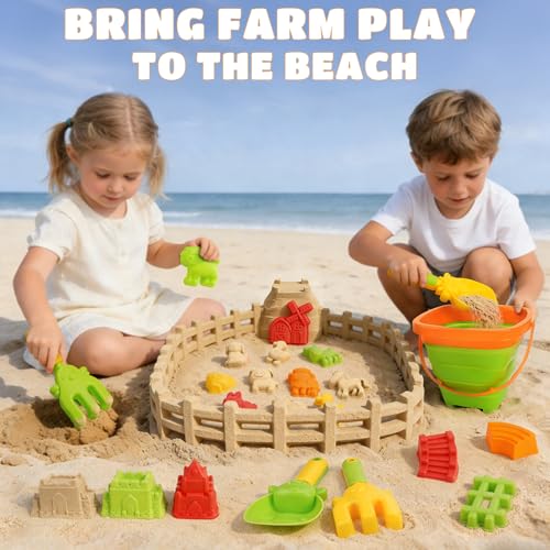 Dreamon Beach Toys for Kids Farm Sand Toys with 2 Collapsible Buckets Animal Barn Molds Shovels and Rakes Set Mesh Bag 29PCS Sand Castle Building Kit Travel Toys for Toddlers 35 - Image 5