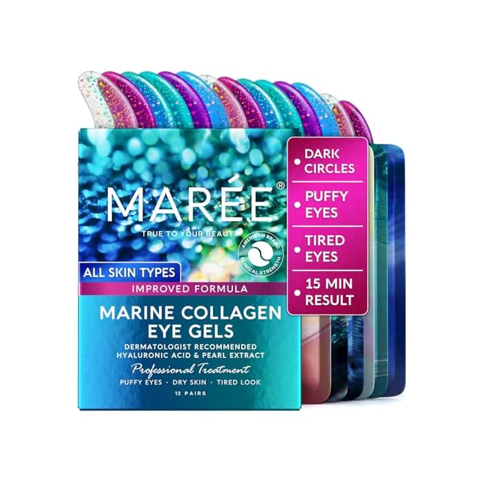 MAREE Under Eye Patches for Puffy Eyes and Dark Circles – Under Eye Mask with Collagen & Hyaluronic Acid – Undereye Mask Patches for Women – Parches para Ojeras Puffiness & Under Eye Bags | 12 Pair