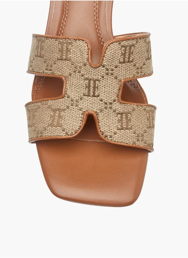 ELLE Womens Monogram Jacquard Texture Slip-On Sandals With Kitten Heels