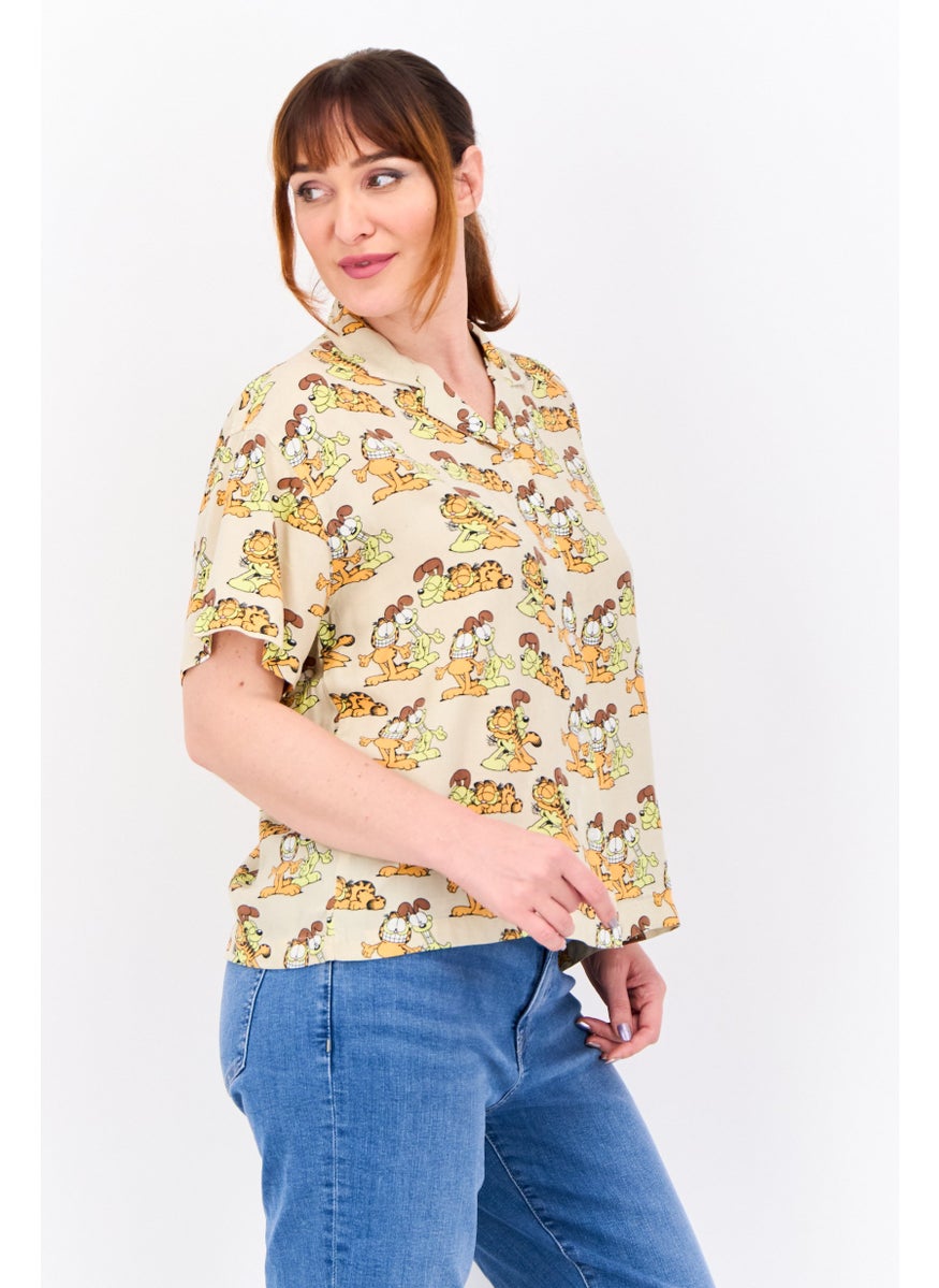 nickelodeon Women Notched Collar Short Sleeve Allover Print Blouse, Beige Combo  - Image 3