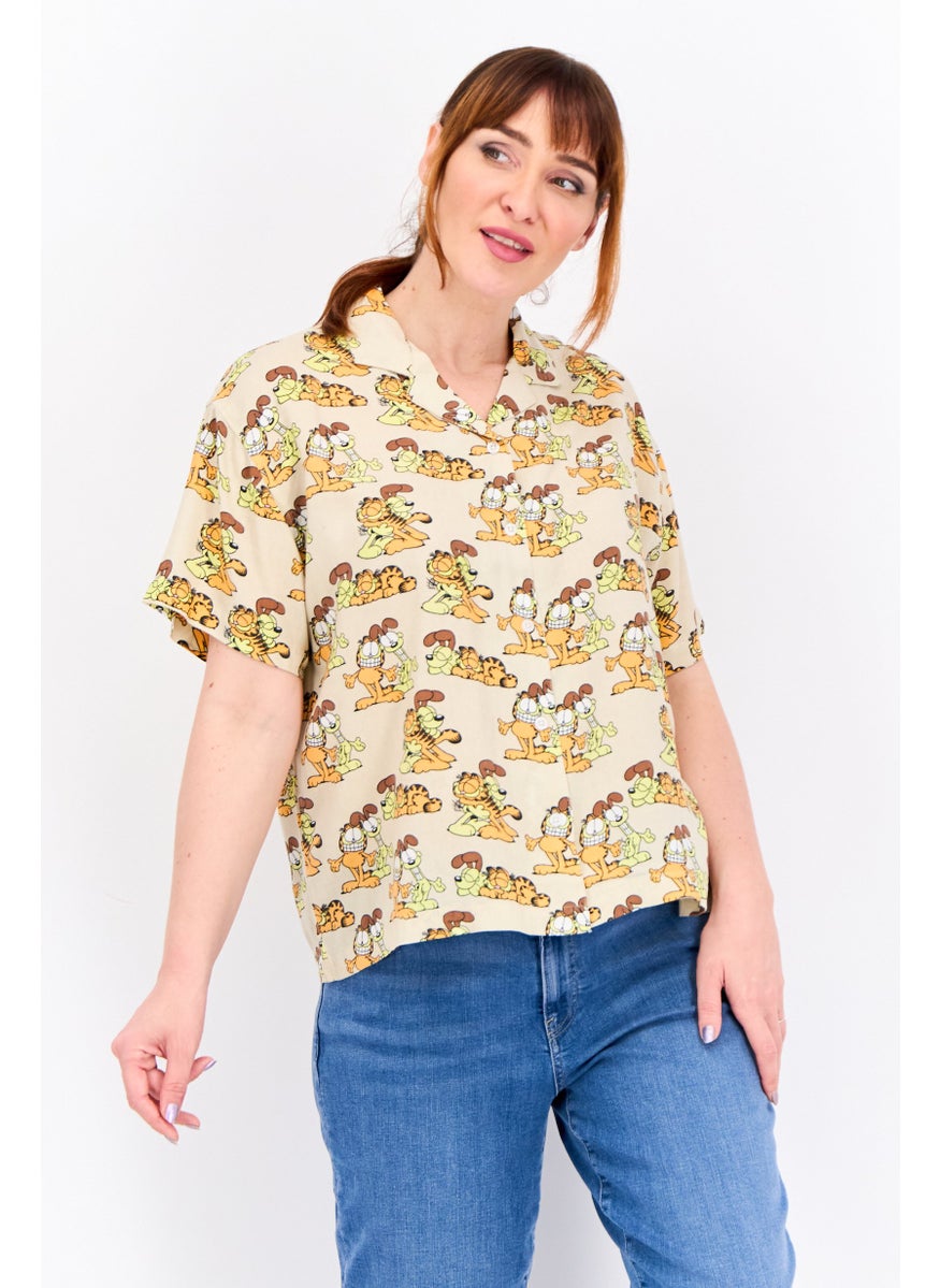 nickelodeon Women Notched Collar Short Sleeve Allover Print Blouse, Beige Combo  - Image 1
