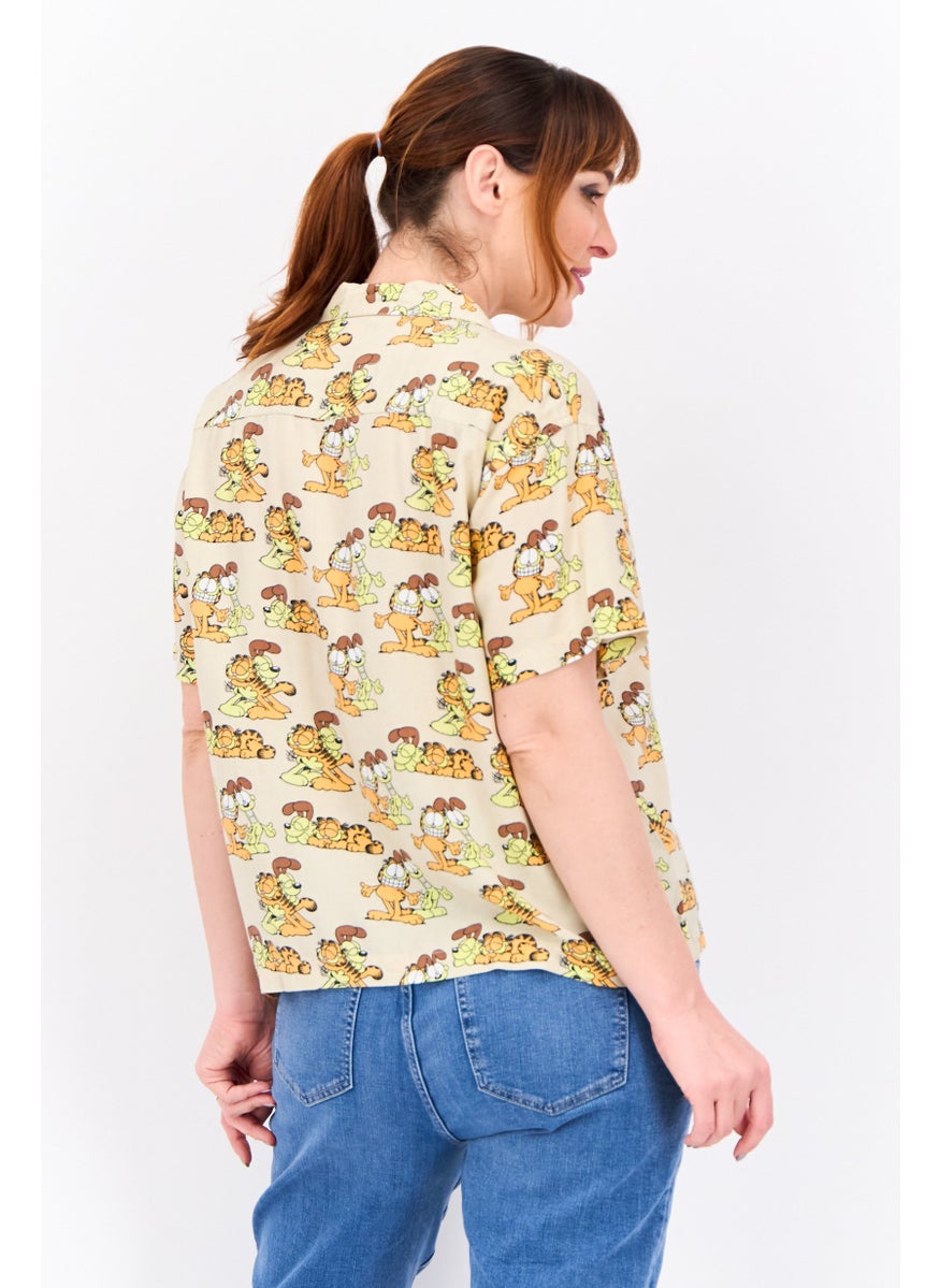 nickelodeon Women Notched Collar Short Sleeve Allover Print Blouse, Beige Combo  - Image 2