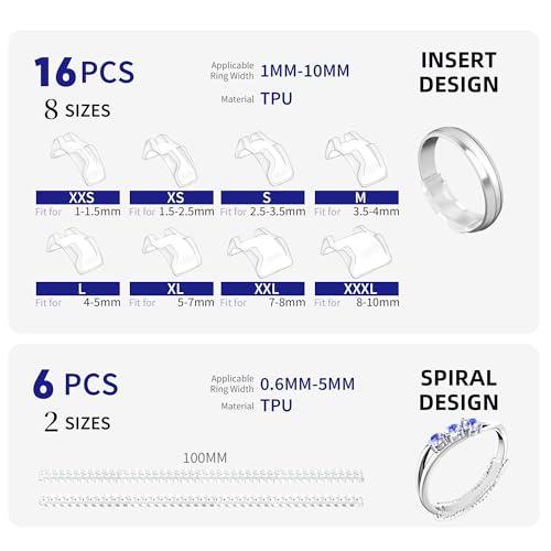 ELETIUO 22 Pack Invisible Ring Size Adjuster for Loose Rings,2 Styles Ring Reducer Jewelry Guard Ring Resizer,Multiple 16 Inserts 8 Sizes and 6 Spirals 2 Sizes,Silicone Ring Tightener Fit for Almost Ring - Image 2