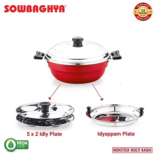 SOWBAGHYA Non Stick Induction Base Multi Kadai (2 Idli Plates + 1 Steamer Plate) (Dia: 250mm) (Thickness: 3mm) (3Ltr) | All-in-One Idli Cooker Multi Kadhai Steamer | Aluminium, 3 Liter - Image 2