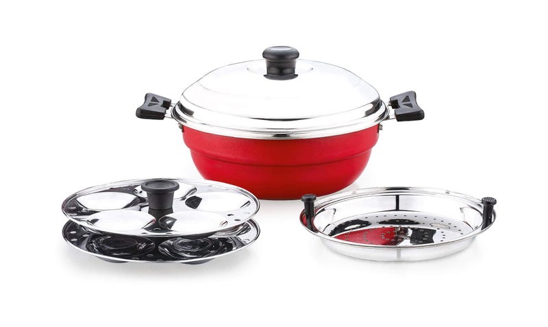 SOWBAGHYA Non Stick Induction Base Multi Kadai (2 Idli Plates + 1 Steamer Plate) (Dia: 250mm) (Thickness: 3mm) (3Ltr) | All-in-One Idli Cooker Multi Kadhai Steamer | Aluminium, 3 Liter - Image 1