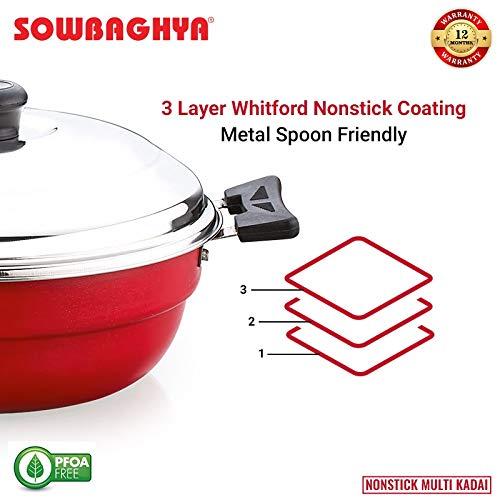 SOWBAGHYA Non Stick Induction Base Multi Kadai (2 Idli Plates + 1 Steamer Plate) (Dia: 250mm) (Thickness: 3mm) (3Ltr) | All-in-One Idli Cooker Multi Kadhai Steamer | Aluminium, 3 Liter - Image 5