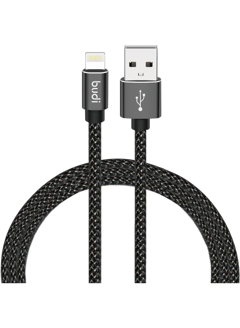 budi USB A to Lightning Cable, Braided Durable Material, 1 Meter Long, 2.4A Fast Charging - Image 1