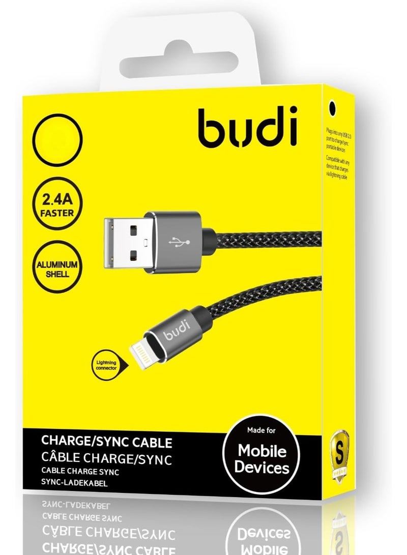 budi USB A to Lightning Cable, Braided Durable Material, 1 Meter Long, 2.4A Fast Charging - Image 2