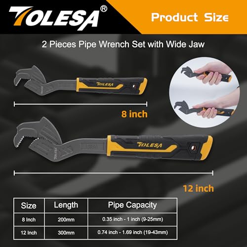 TOLESA Self Adjusting Pipe Vise Wrench, Wide Jaw 0.35"-1.7", 8” and 12” Pipe Wrench - Image 5