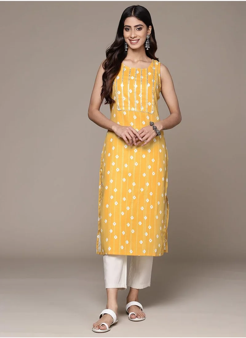 آي شين Women's Silk Blend Mustard Straight Kurta