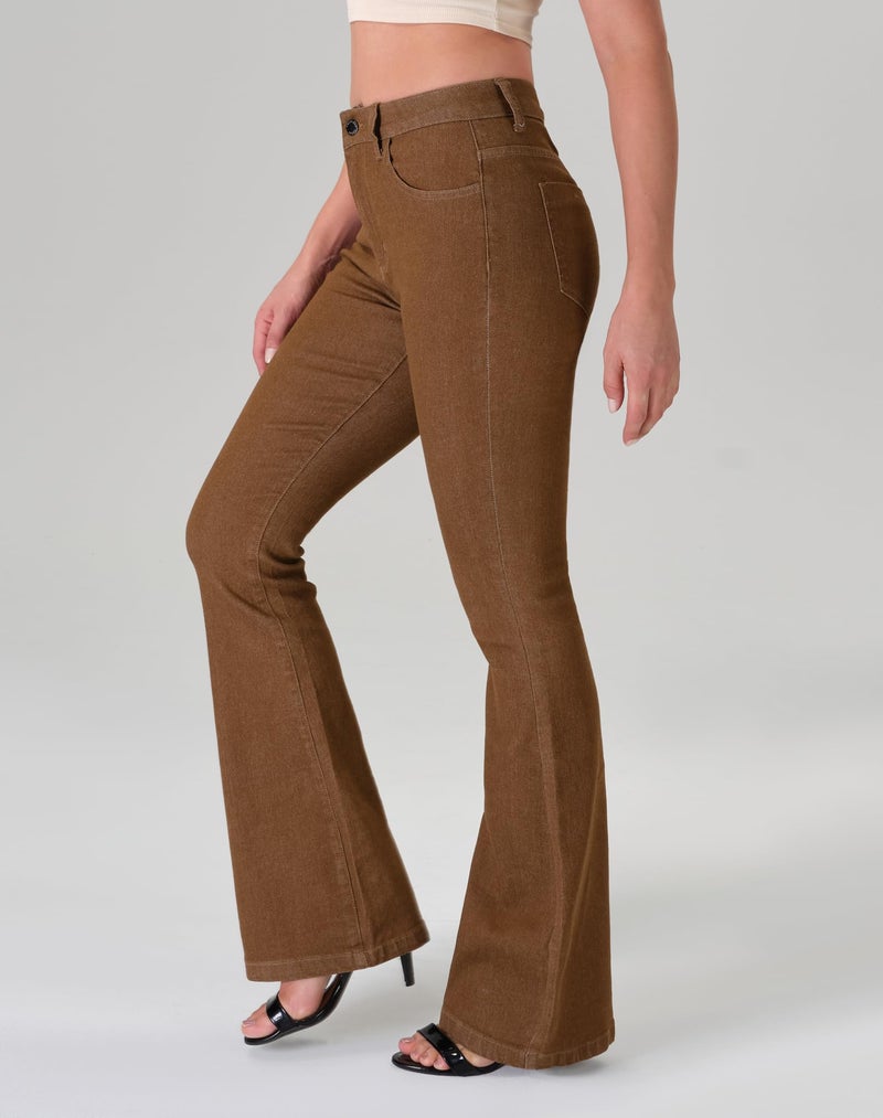 roswear Women's Trendy Stretchy Flare Jeans Mid Rise Bootcut Curvy Denim Pants Brown Medium - Image 2