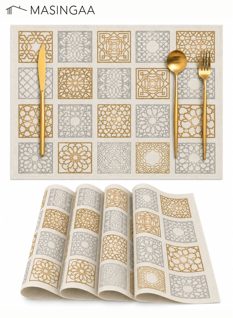 MASINGAA 4PCS Placemats, Beige Linen-Texture Table Mats with Gold and Gray Geometric Patterns, Heat-Resistant Dining Mats for Home, Restaurant and Café, Geometric Beige,40*35cm - Image 1