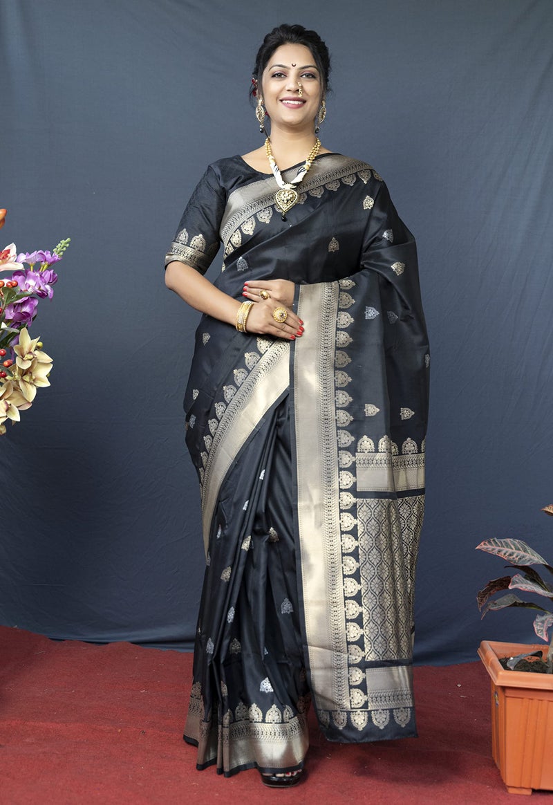 AMIRAT Women's Banarasi Silk Saree With Golden Zari Woven With Blouse Piece (Black) - Image 2