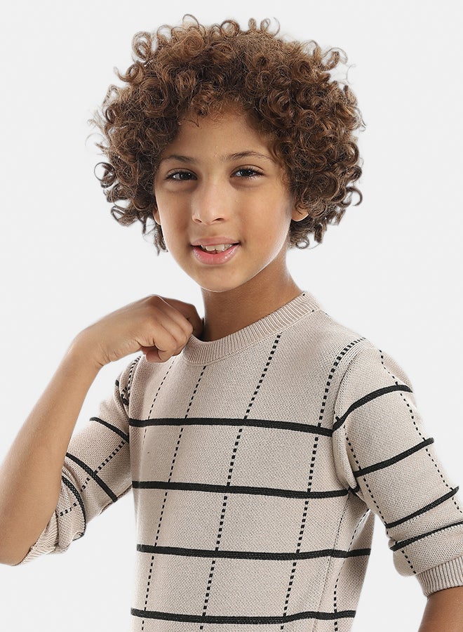 Andora Crew Neck Stripped and Dotted Pullover_Black & Beige - Image 4