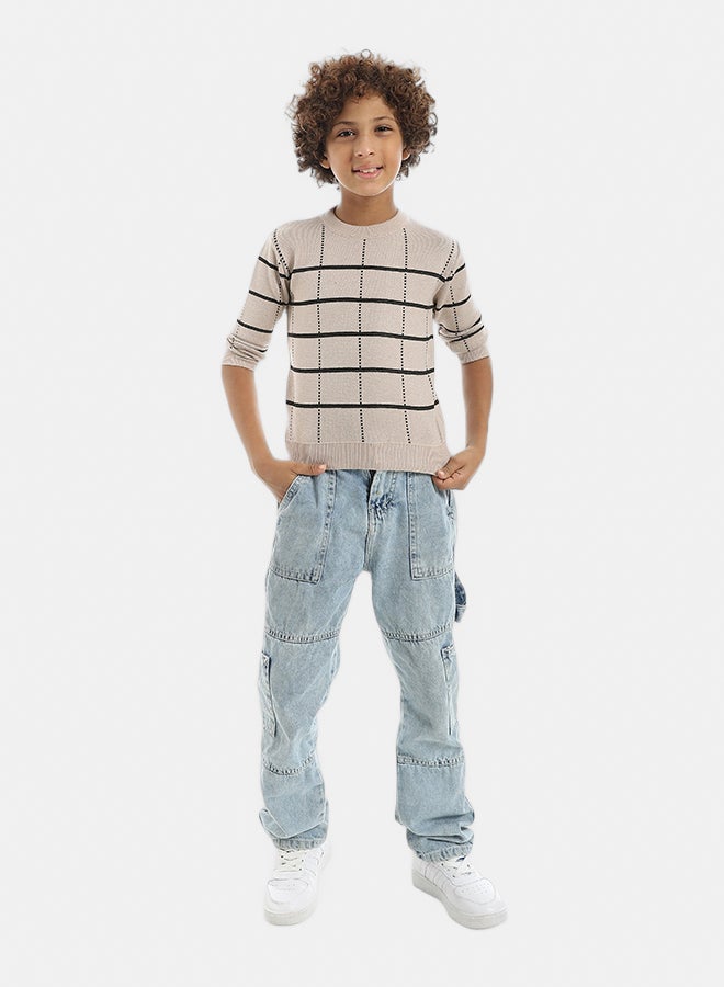 Andora Crew Neck Stripped and Dotted Pullover_Black & Beige - Image 5