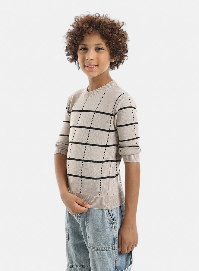 Andora Crew Neck Stripped and Dotted Pullover_Black & Beige - Image 2