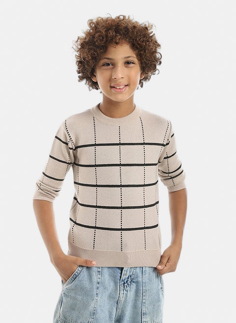 Crew Neck Stripped and Dotted Pullover_Black & Beige