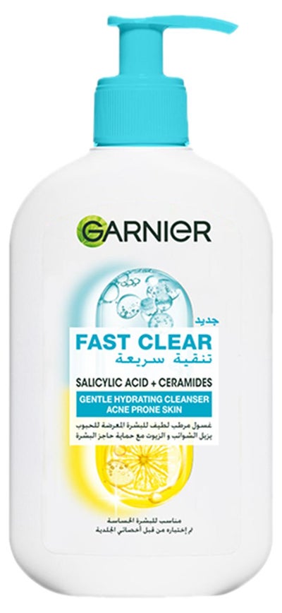 Garnier Fast Clear Gentle Cleanser, Deep Hydrating Face Wash for Acne Prone Skin with Salicylic Acid and Ceramides, Sulphate and Fragrance Free,
