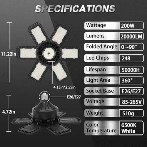 AUDLES 2 Pack Garage Light, 200W 20000LM 6500K LED Shop Lights, Garage Lights Ceiling Led with 6+1 Deformable Panels, Screw in E26/E27 Socket Bulb for Warehouse, Workshop, Basement, Barn Lighting - Image 4