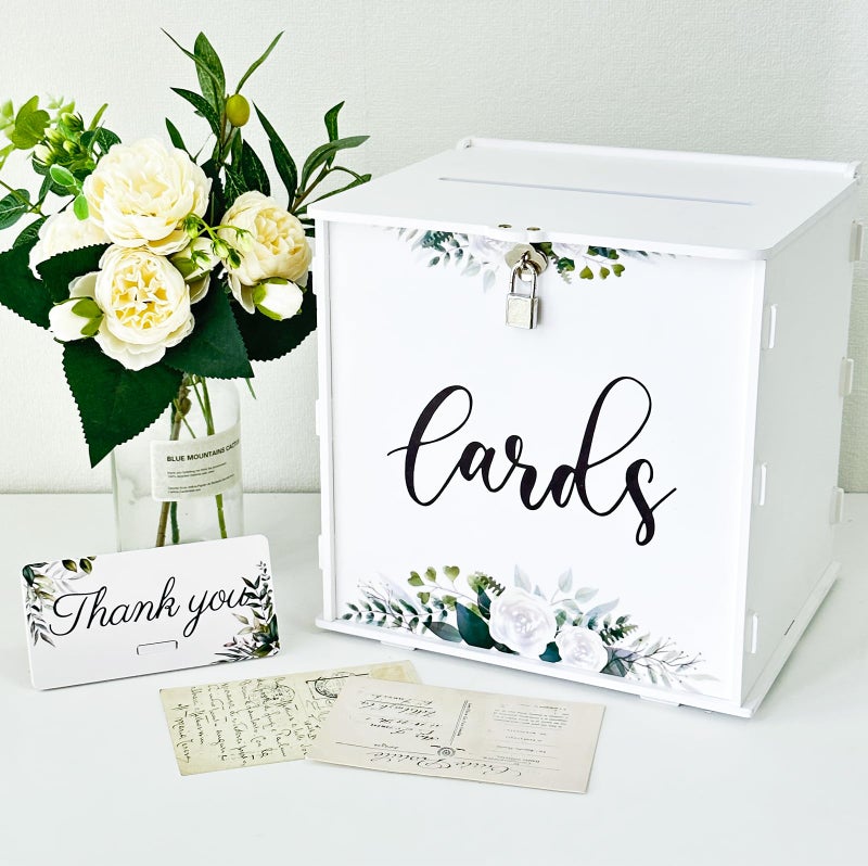 OurWarm White Wedding Card Box with Lock PVC Gift Card Box for Wedding Reception Eucalyptus DIY Wedding Money Envelope Card Box for Party Graduation Baby Shower Birthday Decorations - Image 2