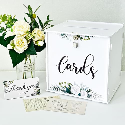 OurWarm White Wedding Card Box with Lock PVC Gift Card Box for Wedding Reception Eucalyptus DIY Wedding Money Envelope Card Box for Party Graduation Baby Shower Birthday Decorations - Image 1