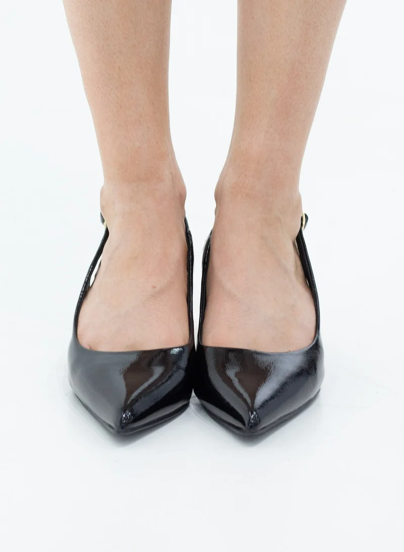 LAMARAPARIS Izel 6cm circ heel pointy pat sling back pumps black