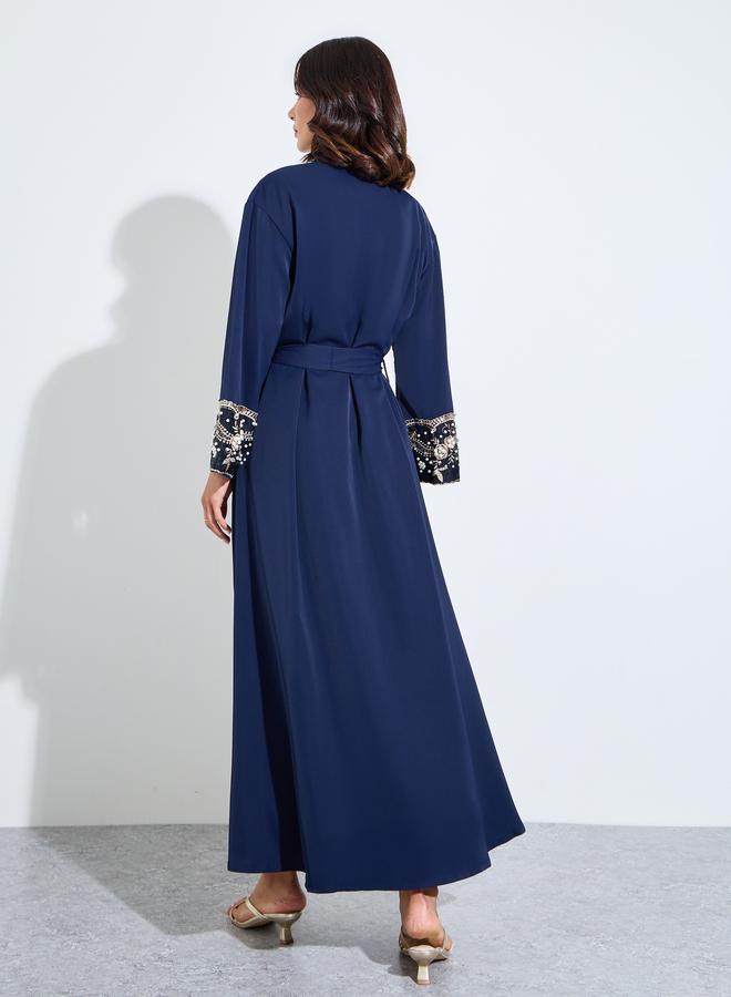 Styli Dark Blue Embroidered Sequin Detail Abaya - Image 3
