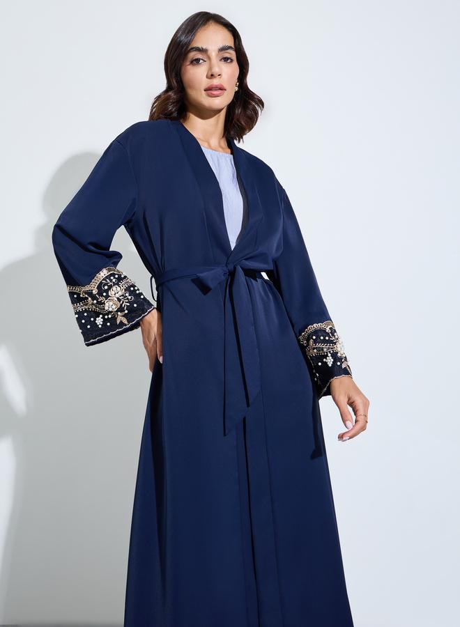 Styli Dark Blue Embroidered Sequin Detail Abaya - Image 2