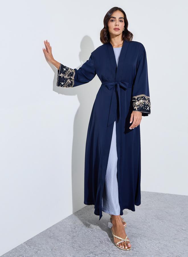 Styli Dark Blue Embroidered Sequin Detail Abaya - Image 1