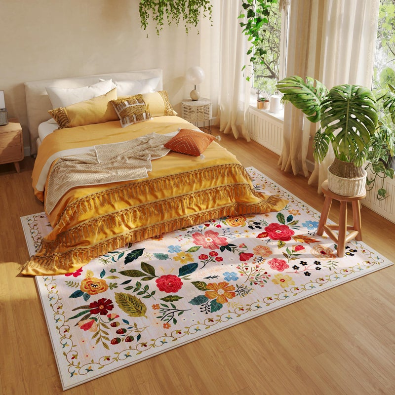 Rugcomf Living Room Rug 6x9 Rug Machine Washable Boho Area Rug Non Slip Floral Vintage Low Pile Large Rug for Living Room, Bedroom, Farmhouse, Dining Room, Kids Playroom(Beige) - Image 5