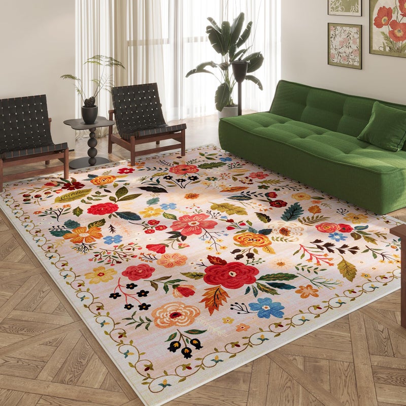 Rugcomf Living Room Rug 6x9 Rug Machine Washable Boho Area Rug Non Slip Floral Vintage Low Pile Large Rug for Living Room, Bedroom, Farmhouse, Dining Room, Kids Playroom(Beige) - Image 4