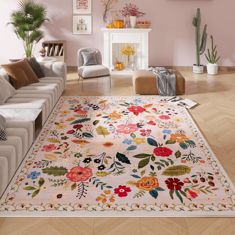 Rugcomf Living Room Rug 6x9 Rug Machine Washable Boho Area Rug Non Slip Floral Vintage Low Pile Large Rug for Living Room, Bedroom, Farmhouse, Dining Room, Kids Playroom(Beige) - Image 1