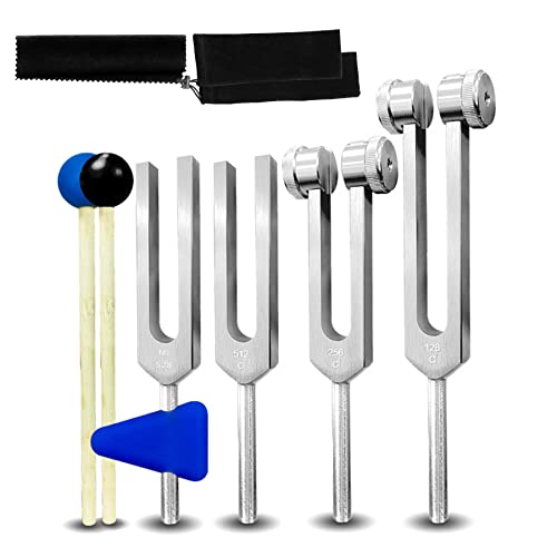 GUZIKO Tuning Fork Set 4 Pcs 128Hz 256Hz 512Hz 528Hz Tuning Forks for Healing Chakra Set with Reflex Hammer for Buddhists Yoga Teacher Sound Healer - Image 1