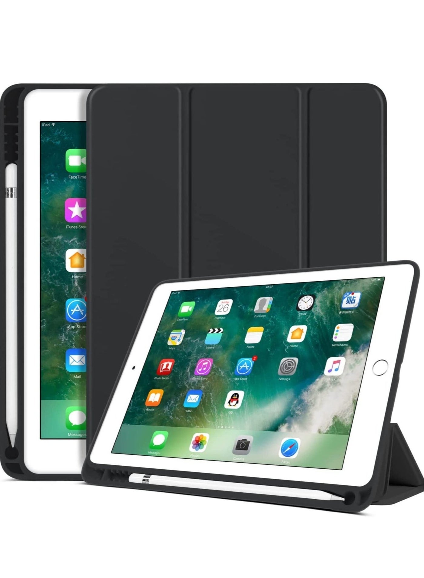 iPad 6th Generation Case, iPad 5th Generation Case with Pencil Holder, Premium Folio Folding Stand Smart Auto Wake/Sleep Protective Tablet Case Cover for Apple iPad 9.7 Inch 2018/2017, Black