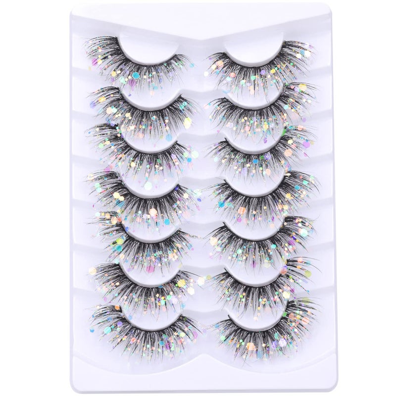 Kiromiro Glitter Lashes Dramatic False Eyelashes with Shinny Glitter Decorative Colored Lashes Glow in the Dark Faux Mink Eyelahses Cat Eye Strip Lashes Pack 7 Pairs - Image 1