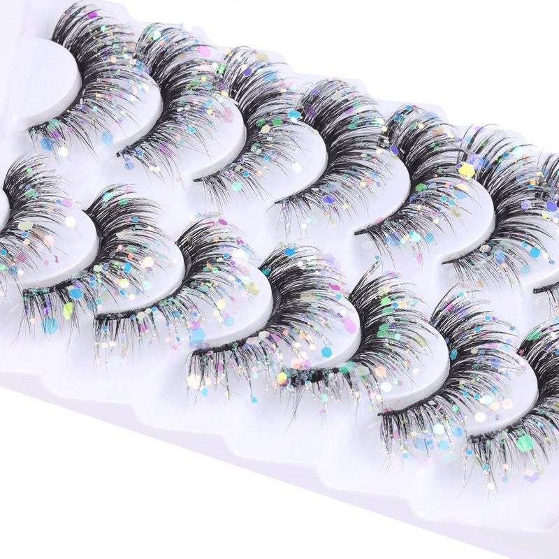 Kiromiro Glitter Lashes Dramatic False Eyelashes with Shinny Glitter Decorative Colored Lashes Glow in the Dark Faux Mink Eyelahses Cat Eye Strip Lashes Pack 7 Pairs - Image 3
