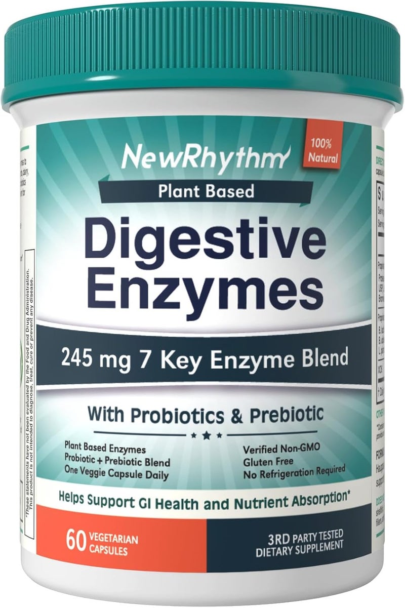 NewRhythm Digestive Enzymes 245 mg with Probiotics and Prebiotics Plant Based 7 Key Enzymes Digestion Nutrient Absorption Protease Amylase  Lipase 60 Vegan Capsules - Image 1