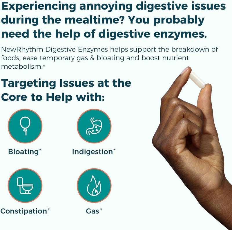 NewRhythm Digestive Enzymes 245 mg with Probiotics and Prebiotics Plant Based 7 Key Enzymes Digestion Nutrient Absorption Protease Amylase  Lipase 60 Vegan Capsules - Image 3